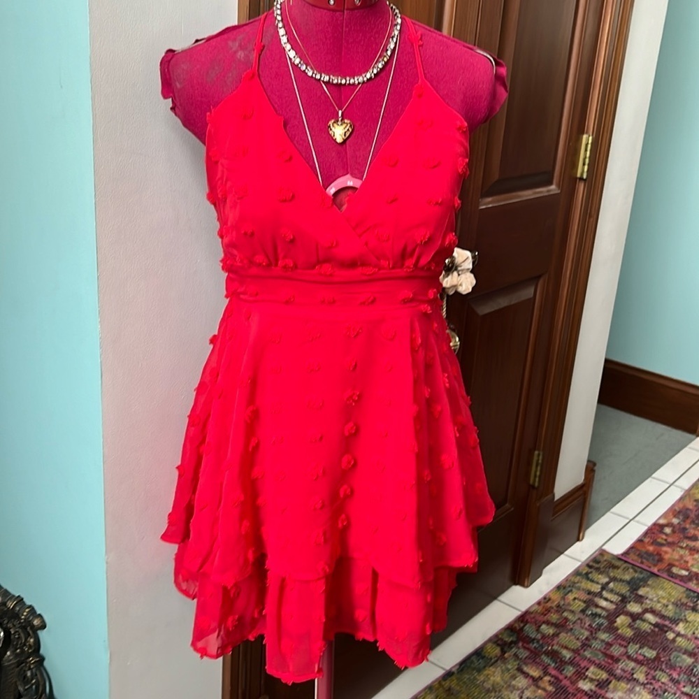 Lulu’s  NWT  Swiss dot  Red  spaghetti strap halter dress  sheer/ lining  size S - Picture 2 of 13